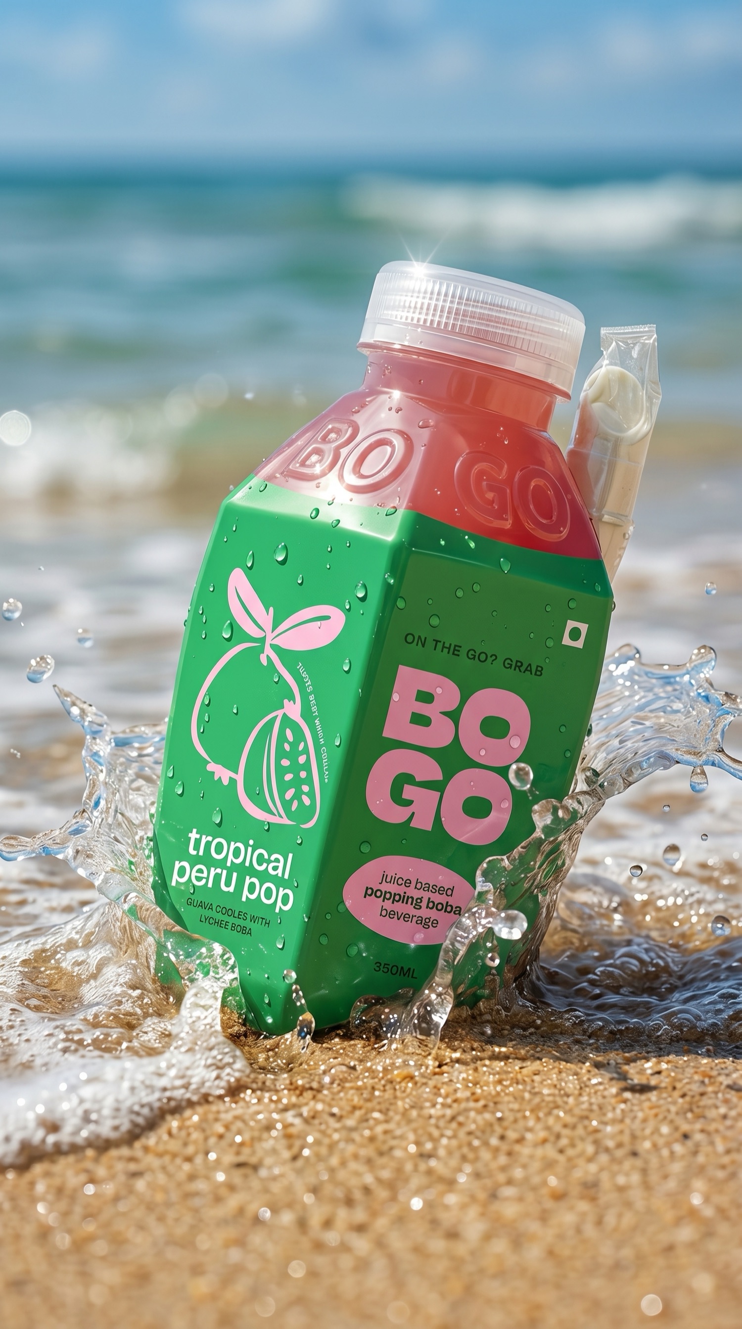 A BOGO tropical peru pop splashing on the beach